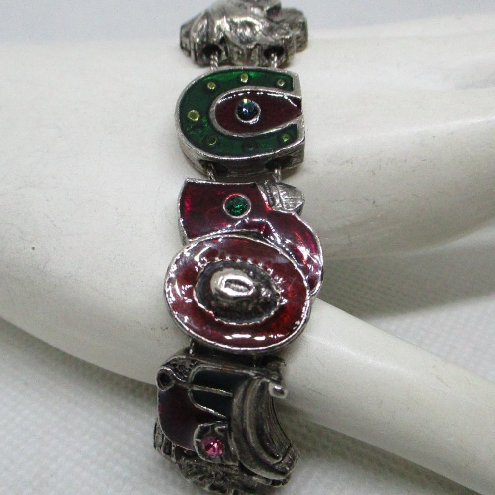 Western Slide Bracelet Rhinestone Enamel Charm Silver Tone Bracelet